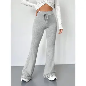Tall Women Retro Grey Tie Waist Flare Leg Sweatpants, Casual Graduation & Back To School Outfit