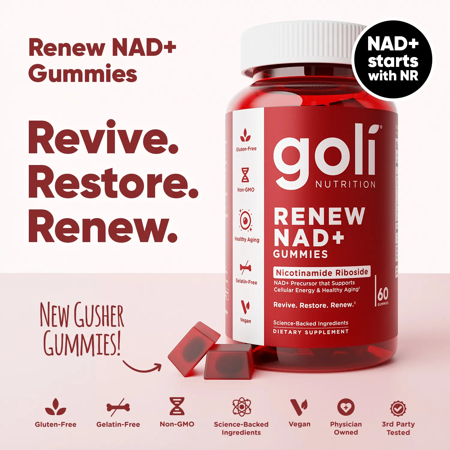 Goli Renew NAD+ (NR) Gummies. Clinically Studied NR Nicotinamide Riboside, Healthy Aging & Cellular Energy. Gluten Free, Non-GMO, Gelatin-Free, Vegan.