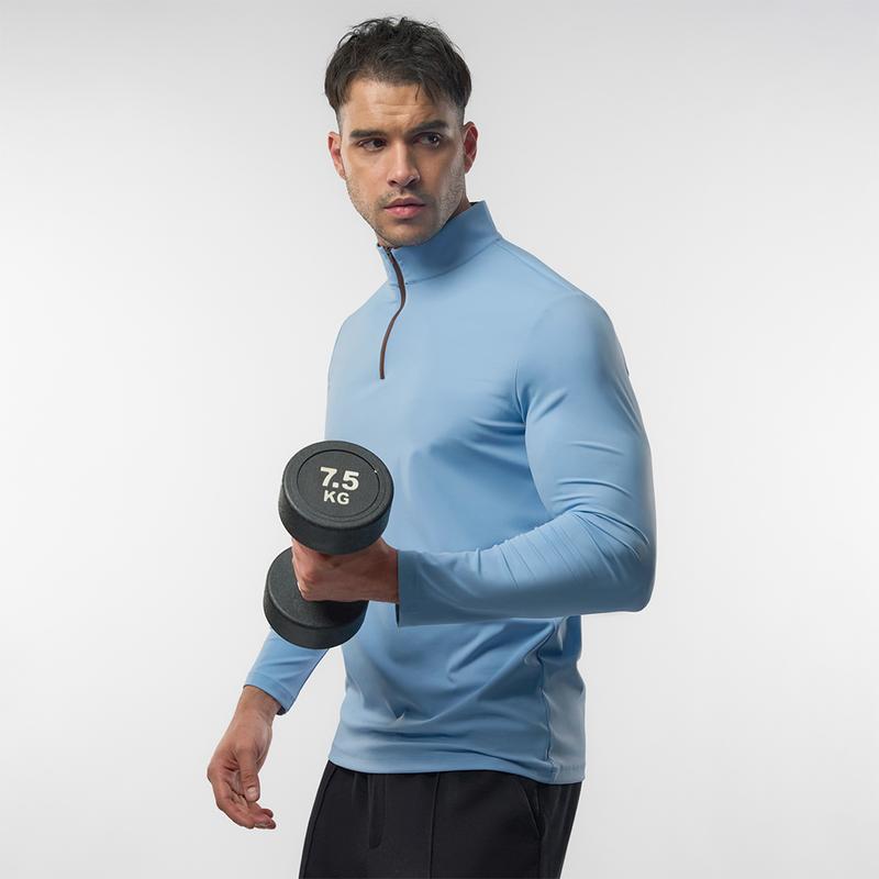 Fioboc Men's SmoothBlend Slim Fit Half-Zip Mock Neck T-Shirt - Contrast Trim Casual Basic Long Sleeve Top