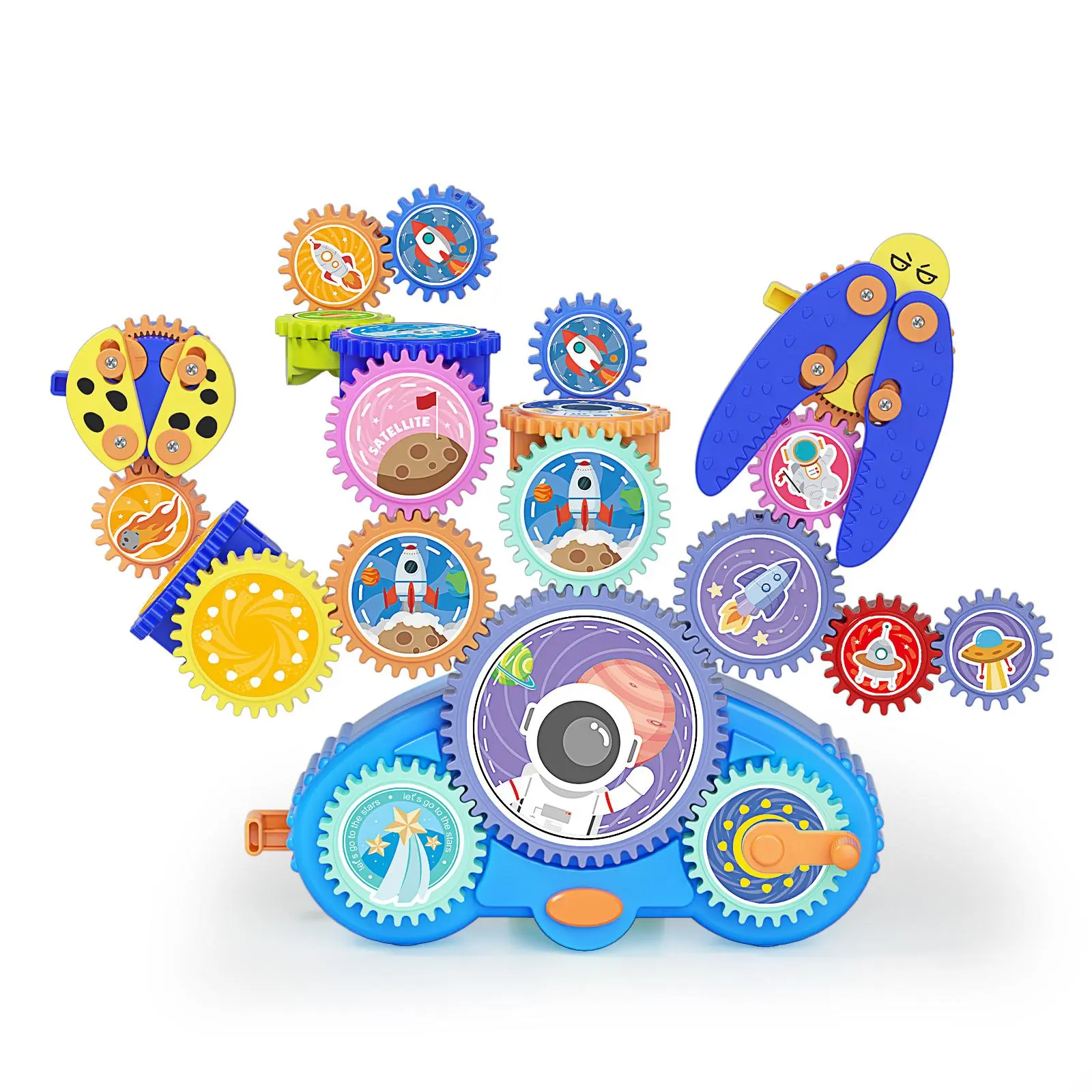 Plastic Unisex STEM Gears Building Toy - 18-Piece Gears Kit, Manual/Power Dual-Mode Electric Building Blocks, Space-Themed Educational Cooperative Play Toy, Ideal Birthday Gift, 10.04×9.92×3.03in