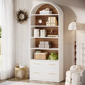 LITTLE TREE 76.8" Tall Arched Bookcase, 5-Tier Bookshelf with File Cabinet Drawer, Modern Freestanding Wooden Bookshelves, Large Open Display Storage Shelves for Home Office, Living Room