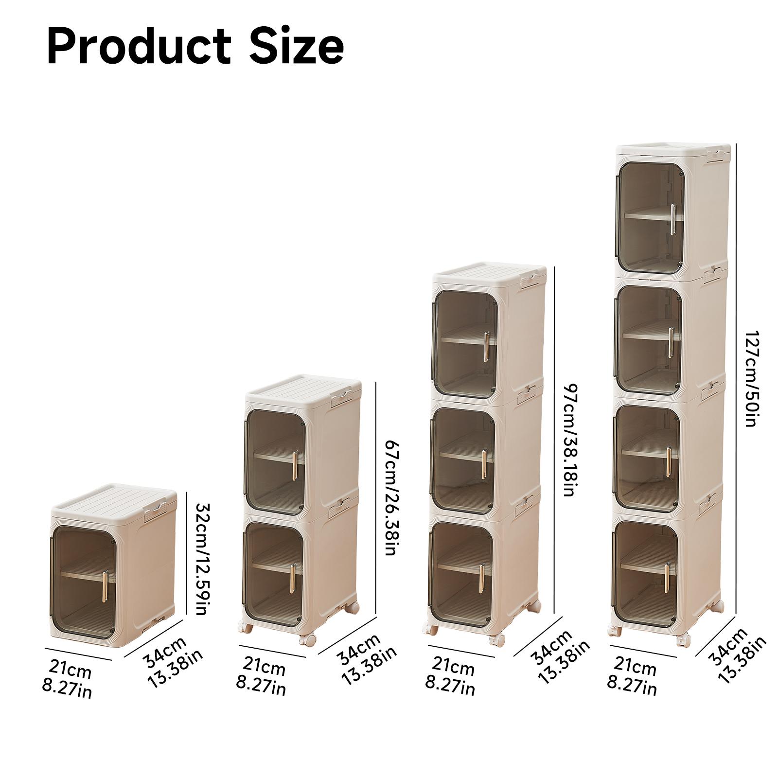 UFORU four-layer tall and narrow storage cabinet, made of plastic, with a slim design, doors and adjustable shelves, wheels, stackable and foldable, suitable for small spaces, bathrooms and kitchens.