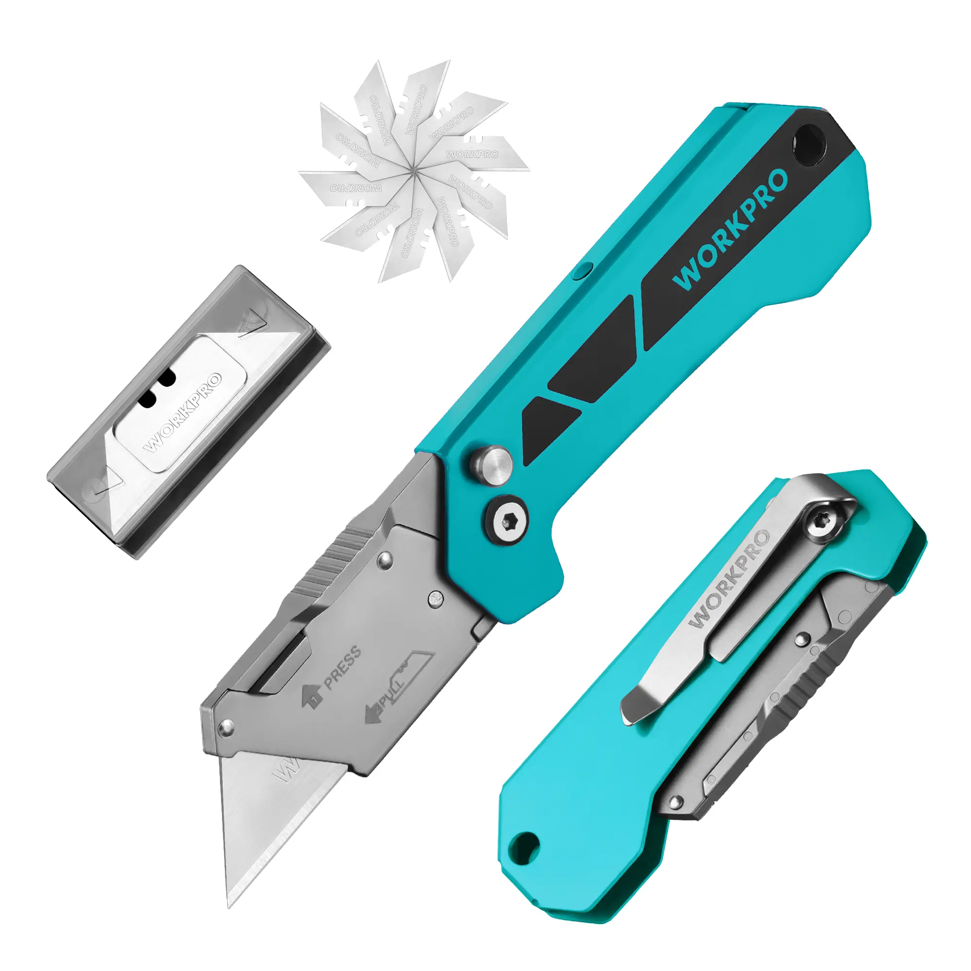 WORKPRO Box Cutter, Utility Knife Quick Change Blade Razor Knife, Folding Pocket Knife with Belt Clip and Axis Lock, 10 Extra Blades Included, Blue