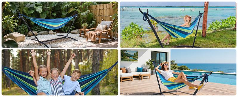 Double Hammock With Carry Bag, With Space-Saving Stand, Heavy-Duty Steel Frame, 450 Lb. Load Capacity, Easy To Assemble, For Patio, Park, Outdoors