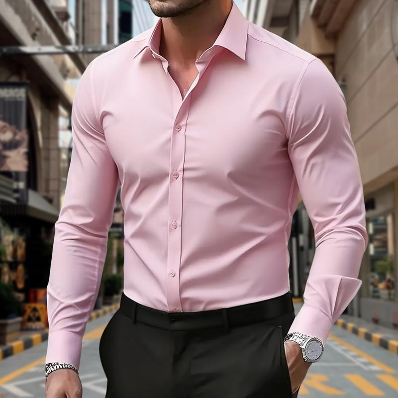 Men's Fashion Casual Shirt - Long Sleeve Solid Color Style, Collared Button Design, Polyester Fabric, Comfortable and Breathable, Suitable as a Holiday Gift, For Outings, Casual Parties, Dates, Light Business