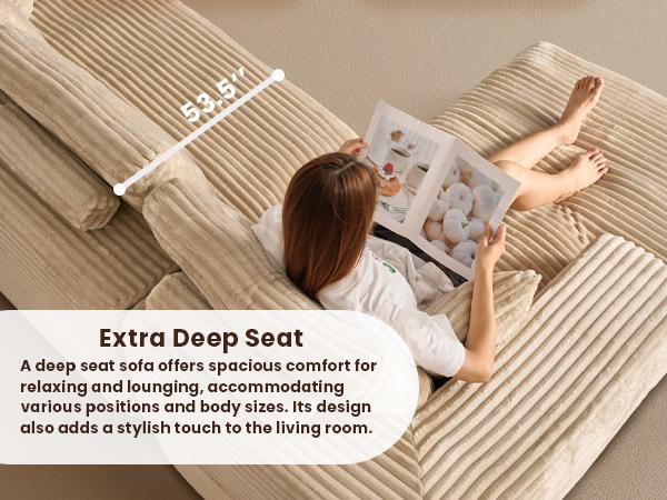 【2 Packages Shipping】Ovios 106" Modular Cloud Couch with Chaise, Upgraded Double Layer Cushion Plush Corduroy, No Assembly Required - L-Shaped Sectional Sofa Set with Flexible Configuration - 3 Seater