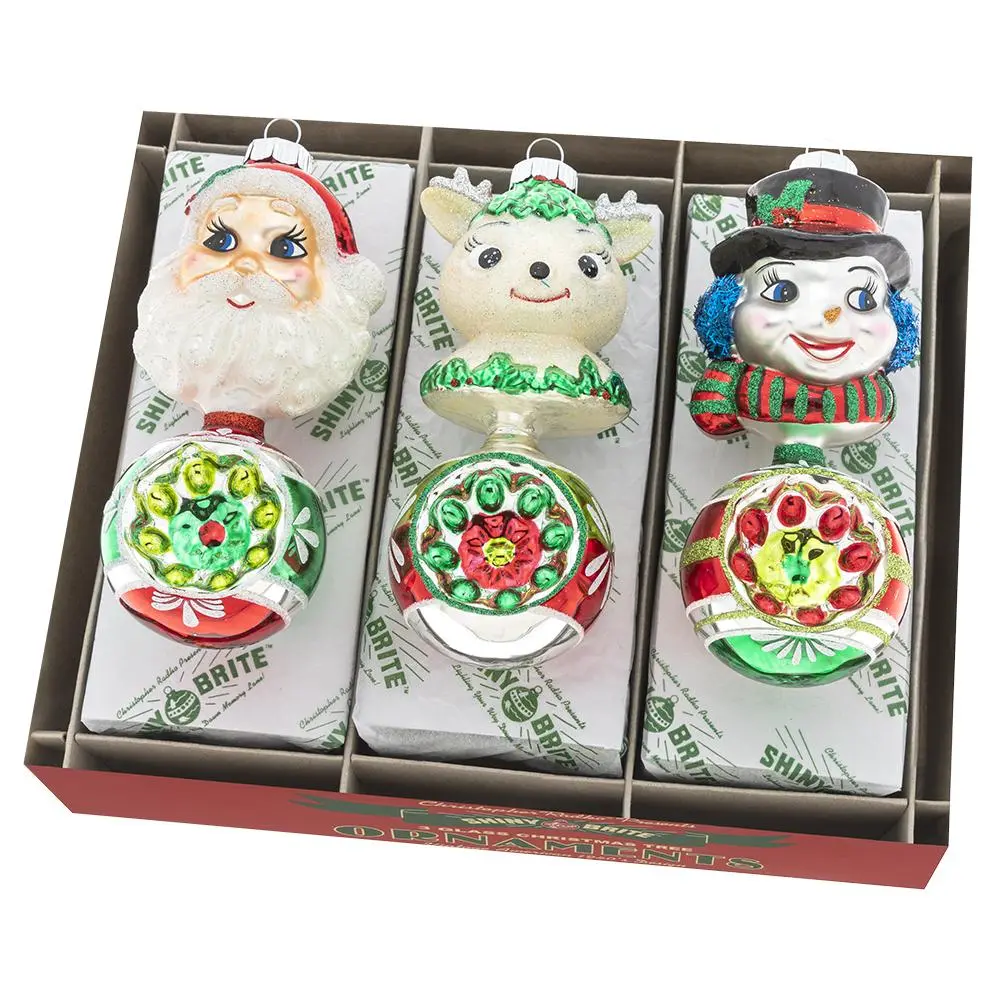 Holiday Glass Ornaments Set - 3-Count 5.5" Figure Rounds, for Christmas Holiday Decorating
