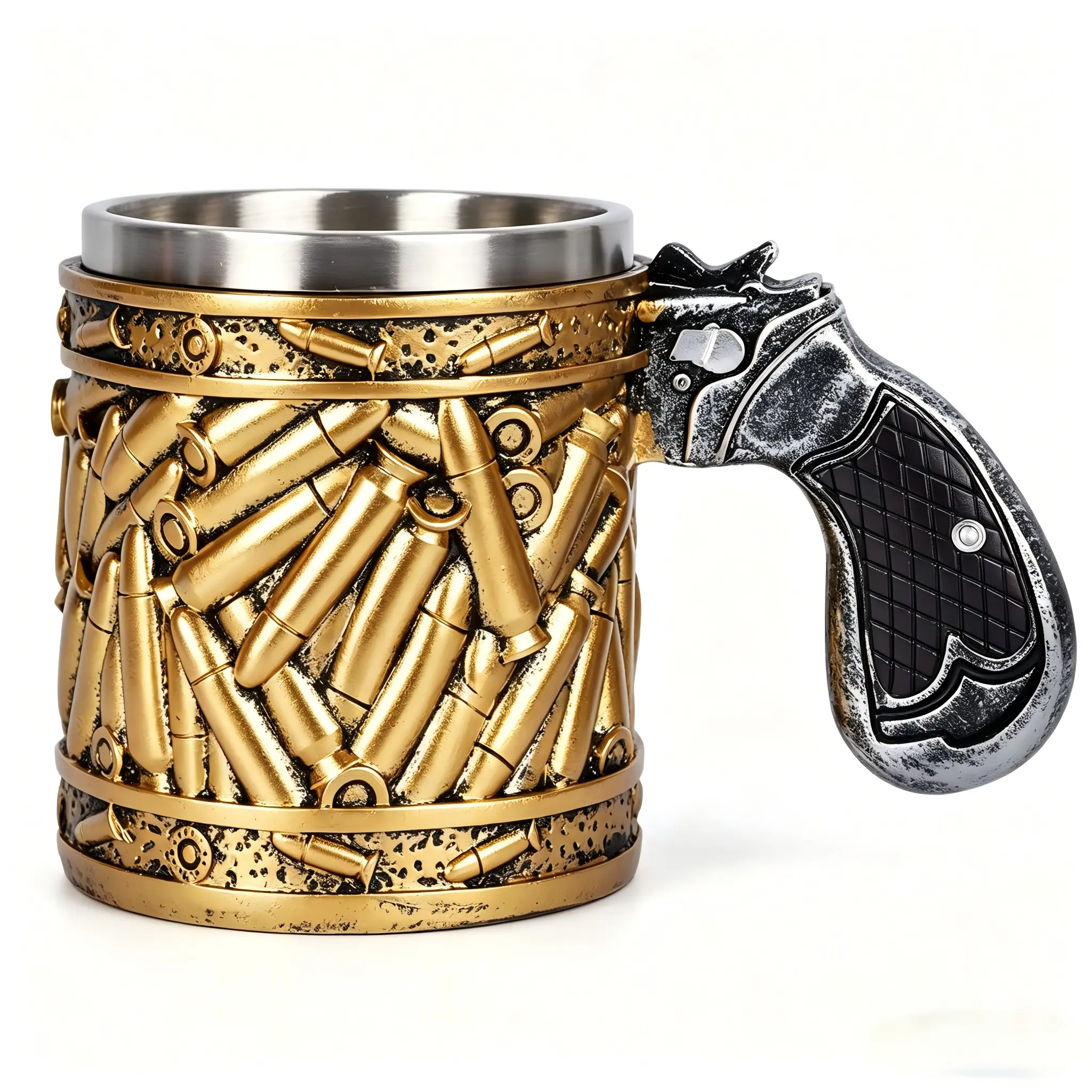 Gun Mug, Gun Handle Coffee Mug, Stainless Steel Bullet Pattern Beer Mug, Unique Coffee Mugs, Fathers Day Dad Gifts, Birthday Gifts for Men