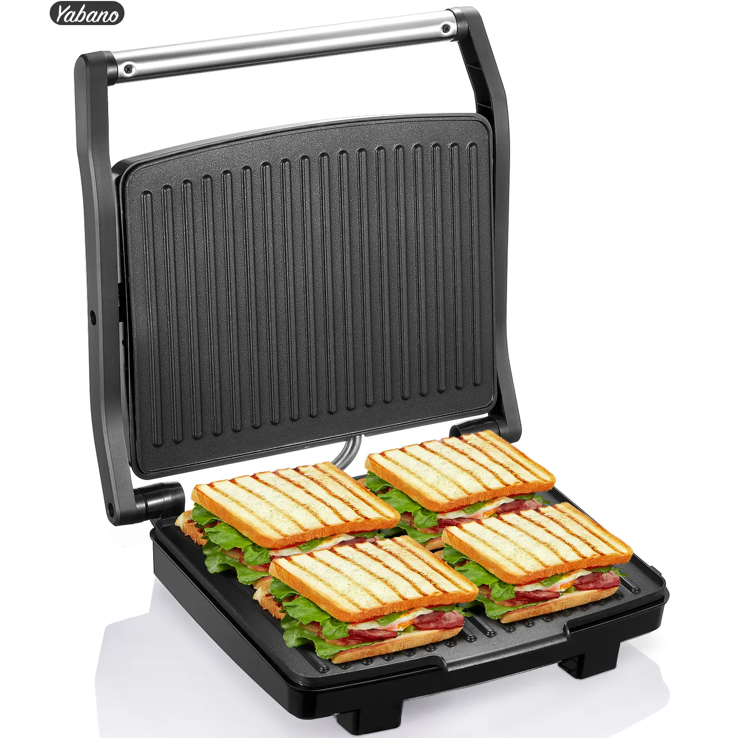 Yabano Shaq Corded Panini Press Griddle Grill - 1200W Electric Indoor Gourmet Sandwich Maker, Non-Stick Quick Clean Plate, Removable Drip Tray, Fast Heating, Compact to Carry, Grill & Toast Stainless Steel Design