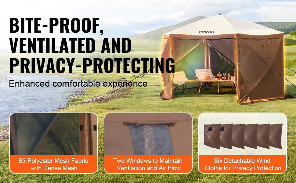 【Summervibes】VEVOR Camping Gazebo Screen Tent, 12*12ft, 6 Sided Pop-up Canopy Shelter Tent with Mesh Windows, Portable Carry Bag, Stakes, Large Shade Tents for Outdoor Camping, Lawn and Backyard, Brown/Beige