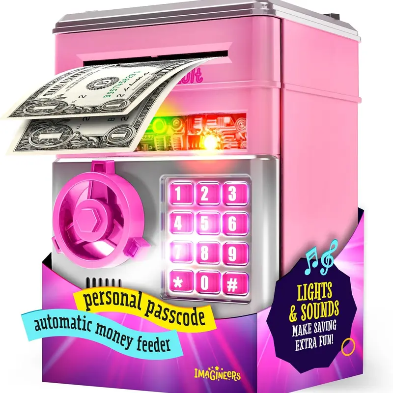 ABS Digital Piggy Bank ATM Cash Coin Can - Home Decor Secure Savings Box with Password Lock, Wrong Code Sound Cue, Auto Paper Roll, Coin Type, Slogan Print, Fun Saving Learning Gift for 3-12 Year Old Kids (Christmas, Birthday)