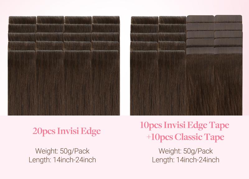 GOO GOO Invisi Edge Tape in Hair Extensions Human Hair, 14inch-24inch 20pcs 50g, Straight Virgin Remy Hair, Seamless Injected Tape, Natural Look