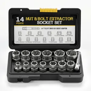FYKIKTA Heavy Duty 13+1 Piece Bolt Extractor Tool Set, Premium CR-MO Impact Nut & Stripped Lug Remover Kit with 3/8" Drive Hex Adapter for Drill. Instantly Remove Damaged, Frozen, Rusted, Rounded Bolts (1/4"-3/4", 8-19mm). Auto Repair & DIY Essential