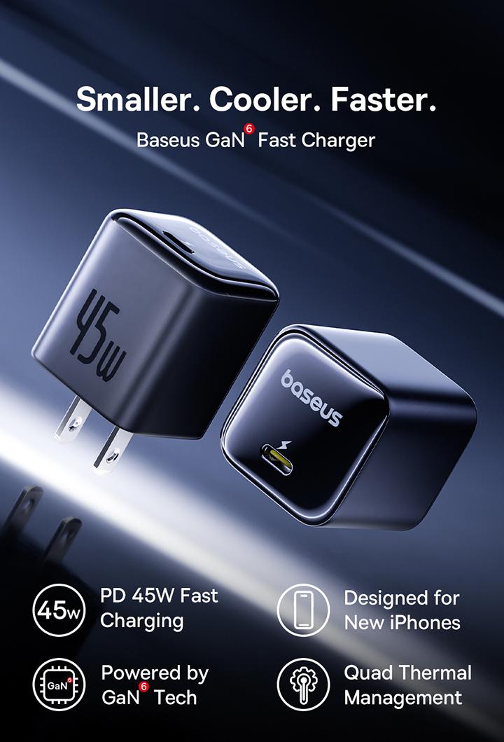 【Pack of 2】Baseus GaN6 Fast Charger 1C 45W US  (2*Baseus Mini White Fast Charging Data Cable)
