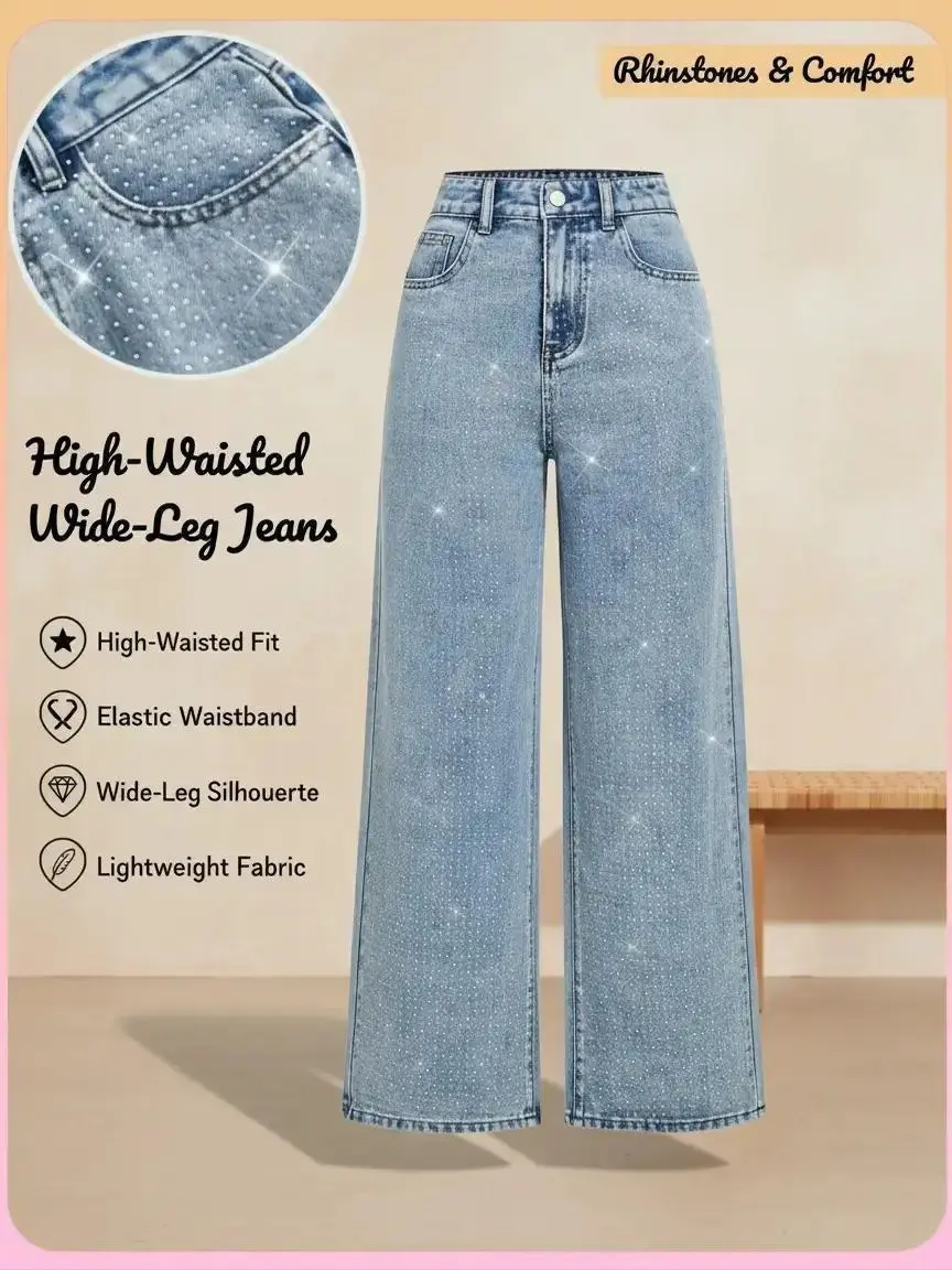 Women's High-Waisted Rhinestone-Embellished Light Wash Baggy Jeans - Stretch Denim, Casual Fit, Plain Fabric, Straight Leg Jeans