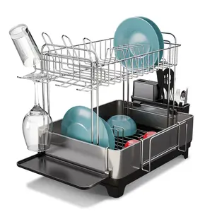 Home Zone Living Stainless Steel Dish Drying Rack with Side Racks and Drain Pipe, 2-Tier