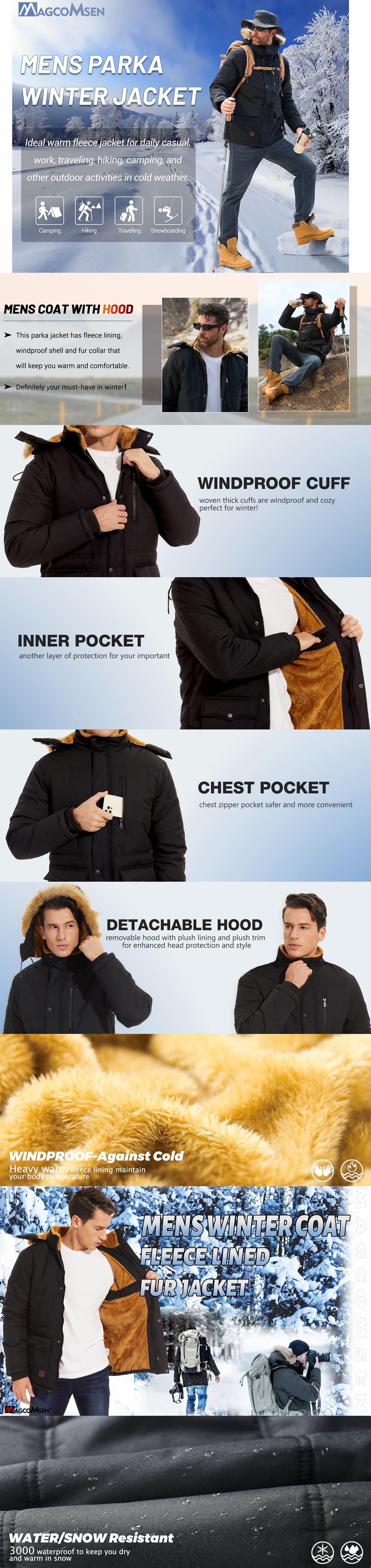MAGCOMSEN Men's Fleece Lined Parka Jacket Hooded Puffer Jacket Warm Winter Coat Thicken Fur Jackets Windproof Coats Menswear Tops