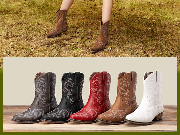 DREAM PAIRS Women's Cowboy Cowgirl Western Boots Embroidered Stitched Ankle Boots Square Toe Chunky Heel Fashion Short Booties with Zipper