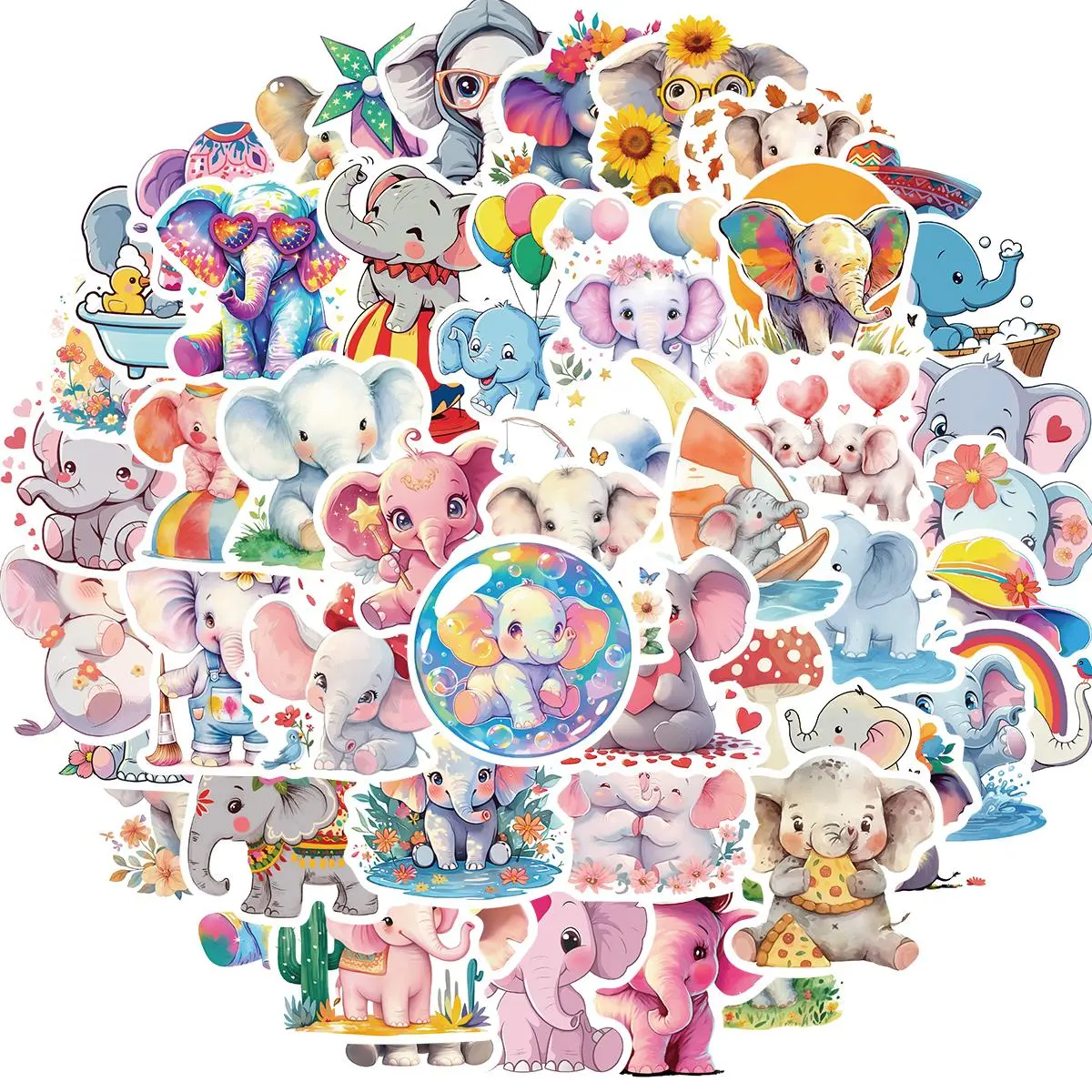 Elephant Pattern Sticker, 50pcs/set Cute Animal Sticker, Kawaii Sticker for Water Bottle Laptop Luggage, Decorative Sticker, Ornaments