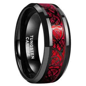Yonifu Unisex 8mm Black Polished Tungsten Ring with Red Celtic Dragon Inlay - Comfort Fit, Scratch-Resistant Durable Wedding Band for Men & Women