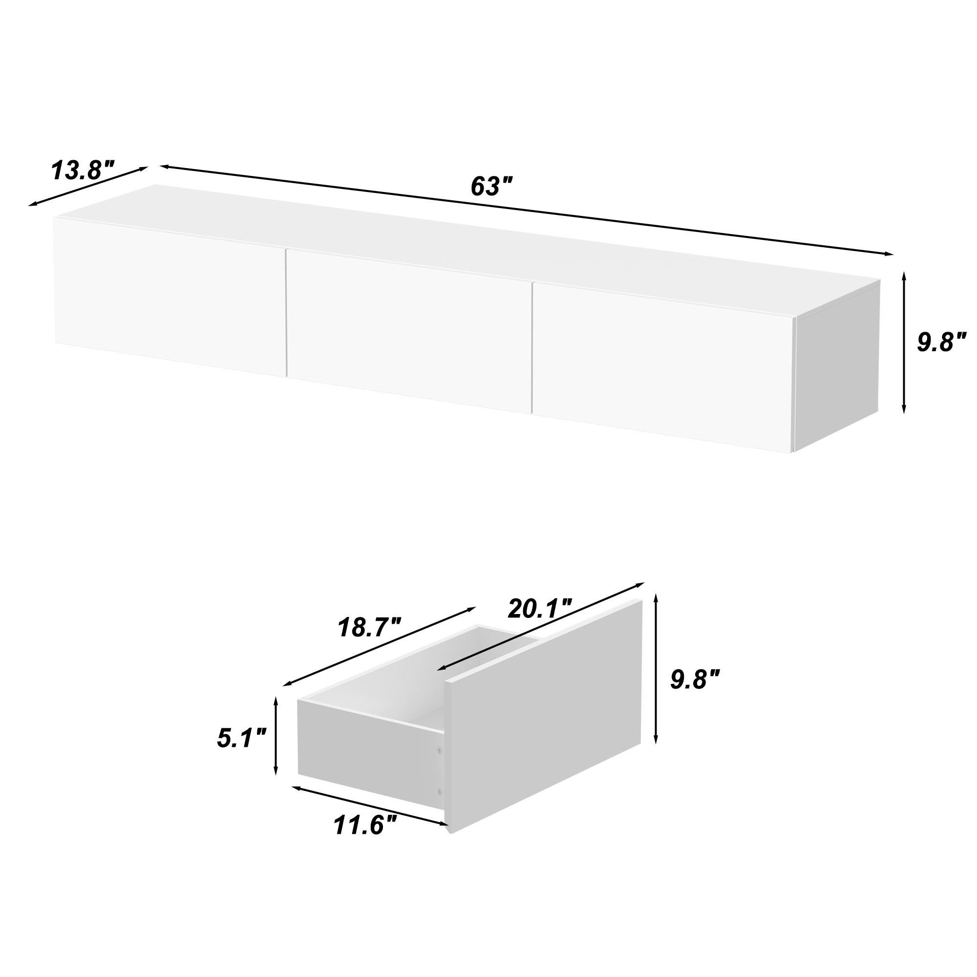 FUFU&GAGA Modern 63" Floating TV Stand High Gloss White Console with LED Lights & 3 Drawers Wall Mount Media Console for Living Room 13.8"D x 63"W x 9.8"H