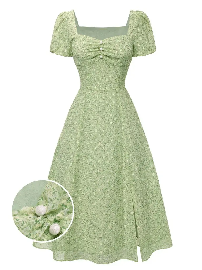 RETRO STAGE Women's 1940s Vintage Ditsy Floral Polyester Casual Dress - Sweetheart Neckline, Puff Short-Sleeves, Side Slit, Bohemian Summer Zipper Dress, Going Out Ready-to-Wear