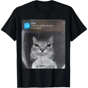Ring Doorbell Cat Holding Cash Meme T-Shirt - Funny Streetwear Graphic Tee - Oversized Comfy Cotton Top for Men & Women - Viral TikTok Style