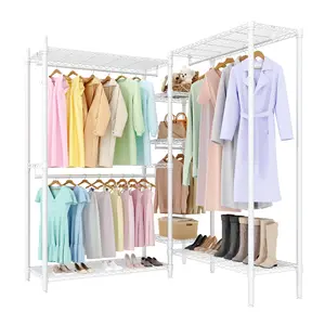 Heavy Duty Garment Rack L Shaped Clothes Rack,Freestanding Portable Wardrobe Closet Clothing Rack with 7 Adjustable Shelves,70.5"Hx85.4"Lx17.4"W