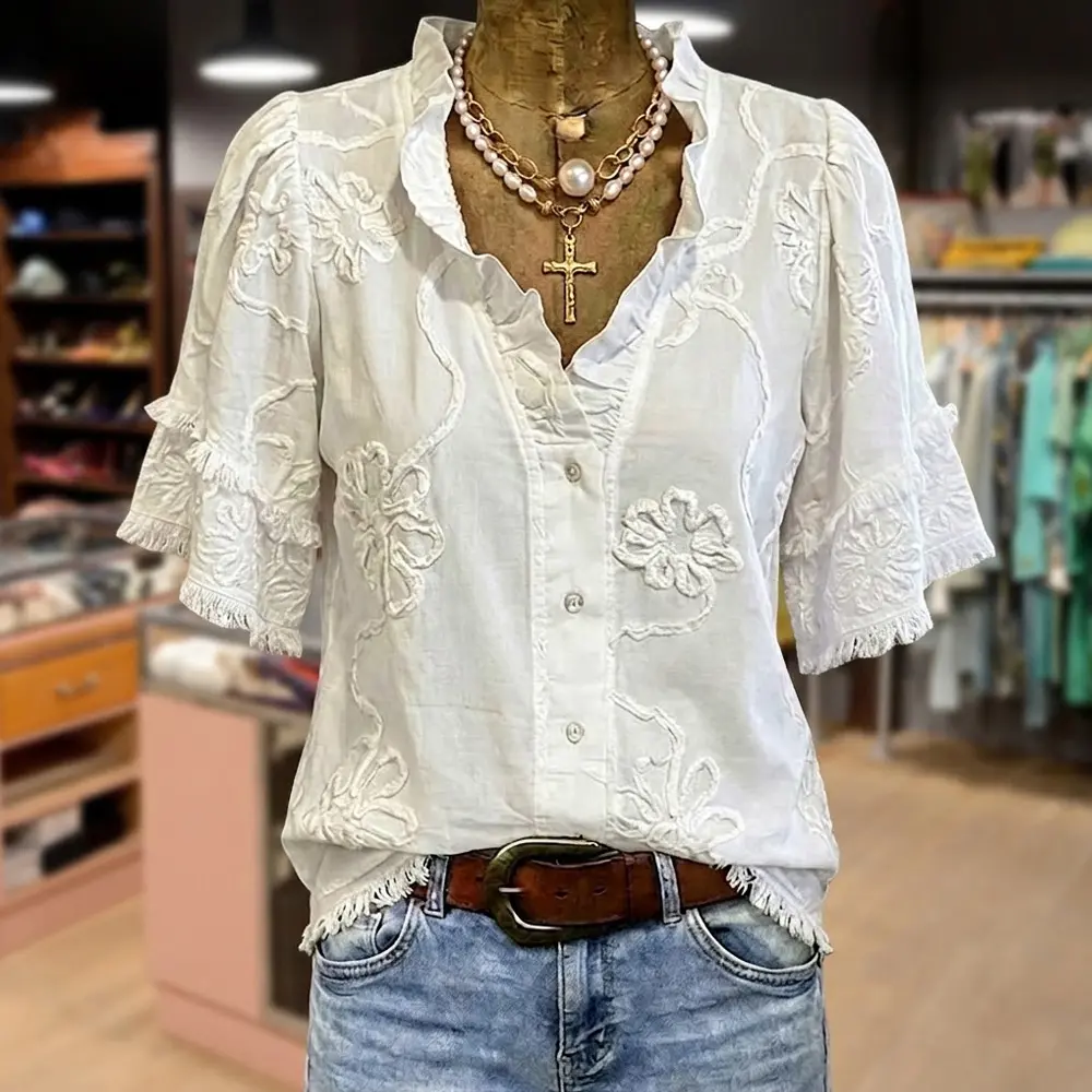 Cherrybetty 100%Cotton Vintage Flower Embroidered Ruffle Neck Frayed Hem Top Clothes For Women Summer Clothes Women Summer Tops Plus Size Fashion Cute Womenswear Blouse