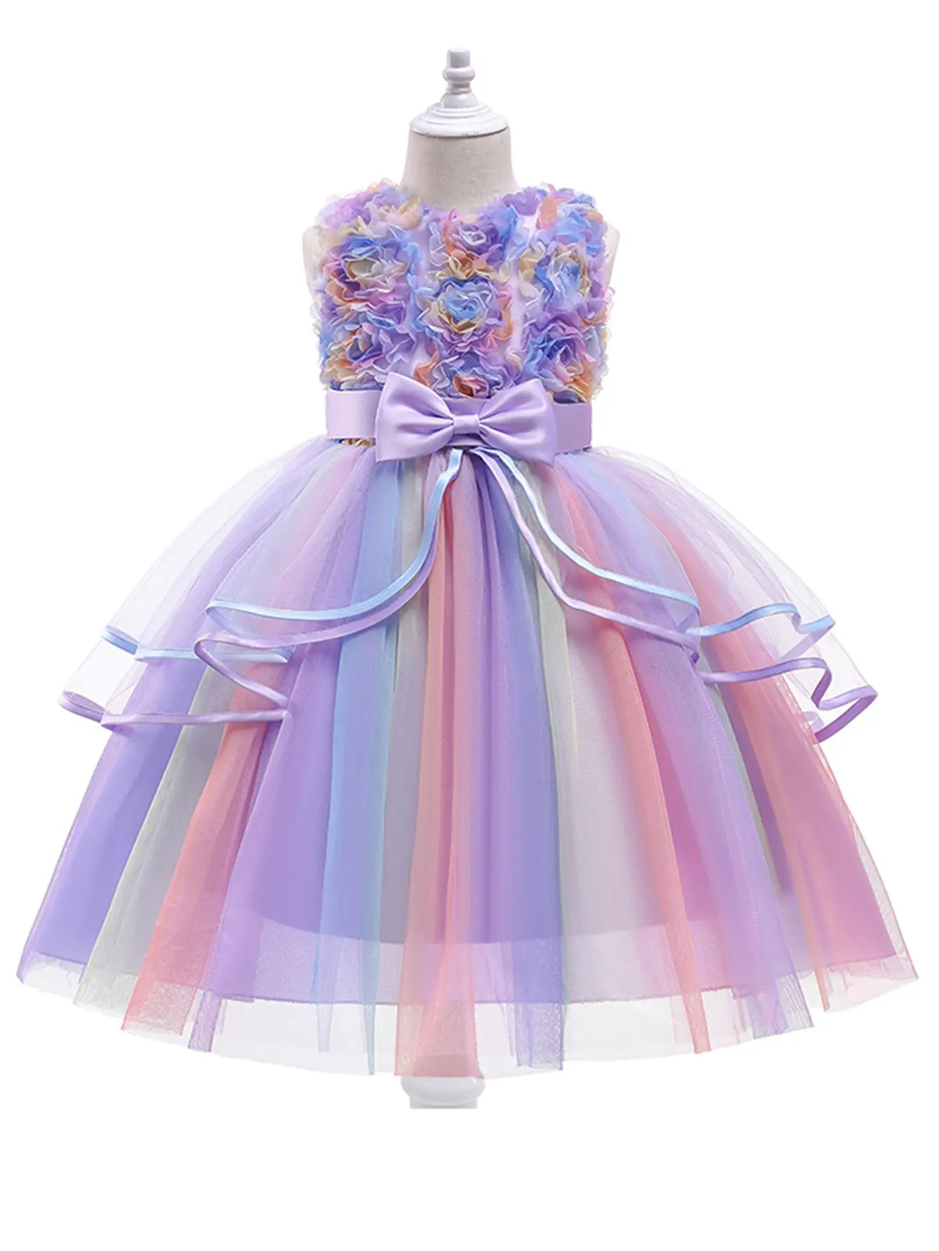 Unicorn Tutu Costume Little Girl Princess Dress Rainbow Tulle Birthday Party Dance Fancy Handmade Gown with Floral Embellishments