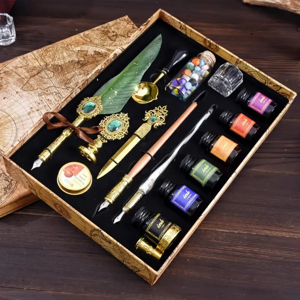 Vintage Quill Pen Set Calligraphy Painting Glass Dip Pen Letter Opener Feather Pen Seal Wax Set Fancy Unique Pens for Letter Writing School Supplies Fine Craftsmanship Writing Instrument Collectors Birthday Thanksgiving Christmas Gifts