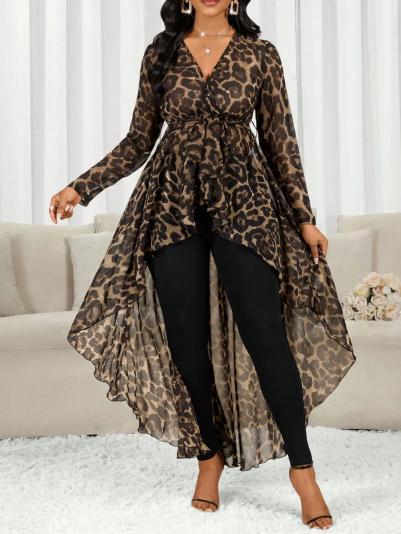 Plus Size Leopard Print V-Neck Asymmetric Hem Long-Sleeve Casual Shirt