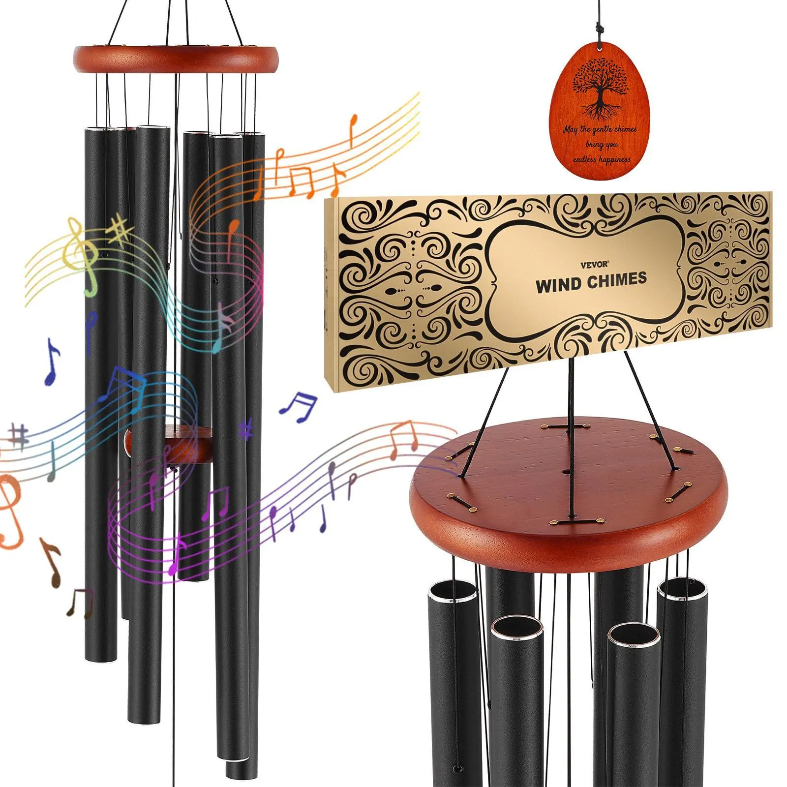 VEVOR Hand-Tuned 6-Tube Melodious Wind Chimes, 1042mm Black Outdoor Garden Patio Decor with Nylon Cord, Peaceful Ambiance for New Home Moves & Musicians' Birthdays, Unique Memorial Decor#SohoChic