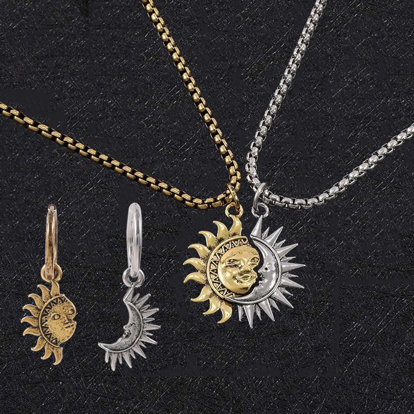 Celestial Sun Moon 2-Piece Jewelry Set - Asymmetrical Necklace & Earrings Pair, Couples Jewelry Set for Daily Wear, Ideal Gift for Friends, Set Pair