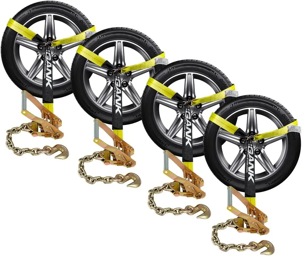 Tire Tie Down Straps, 4PK 2"x96", Chain Anchors, 3,300 lbs WLL | Lasso Wheel Straps For Hauling Cars With Chain Anchors For Auto Transport Trailers, SUVs, UTVs And Vehicle Hauling