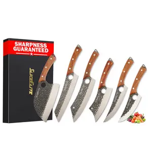 Heritage Forge 6 Piece Knife Set Serbian Knife Viking Knife Cleaver Boning Knife Scimitar Knife Kiritsuke Knife Hand Forged High Carbon Steel Kitchen Butcher Knives for Meat Vegetables and Daily Prep