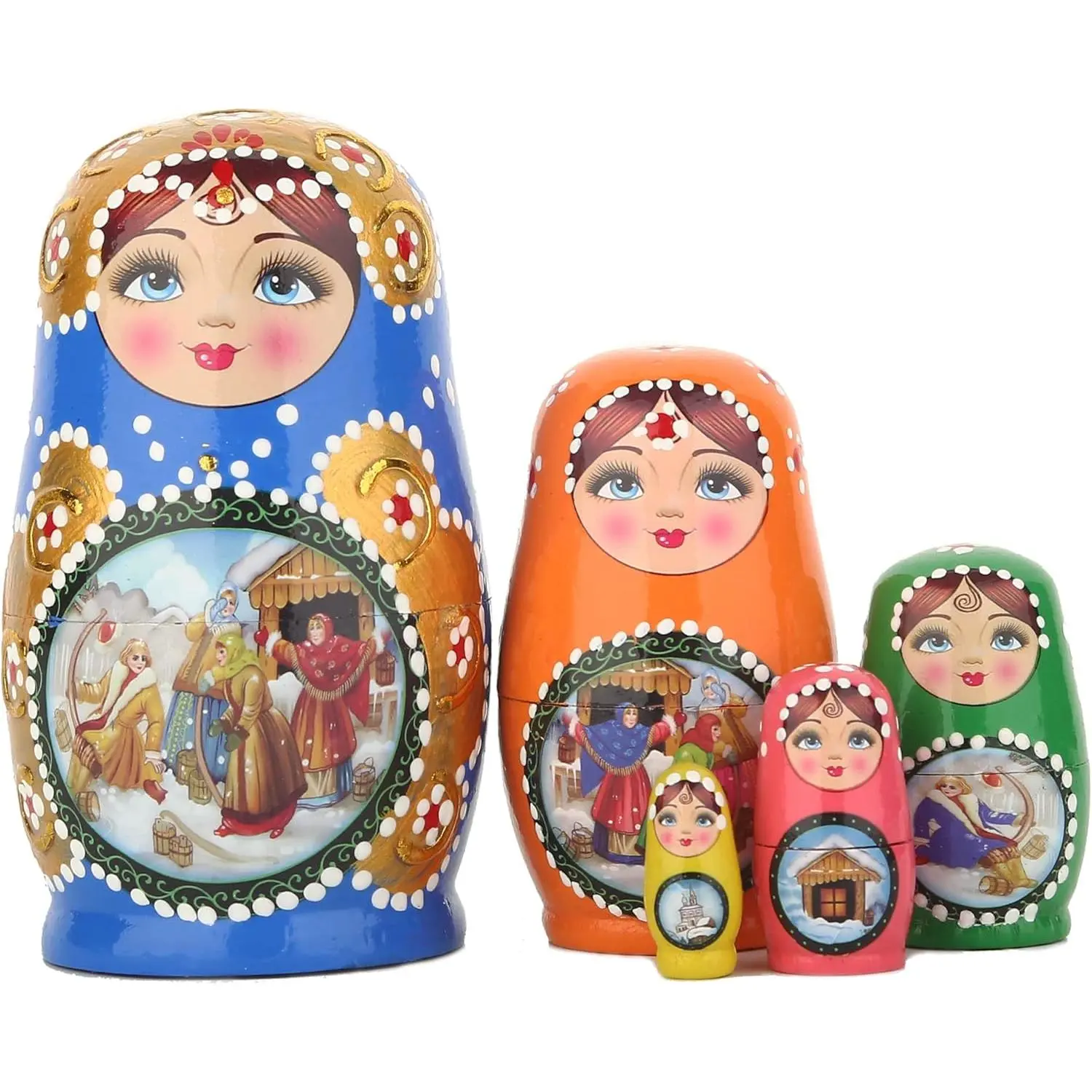 5-Piece Handmade Wood Russian Nesting Dolls (Matryoshka) Collectibles - Blue Story Girl Design, Festive & Party Wishing Gift for Girls for Christmas, Halloween