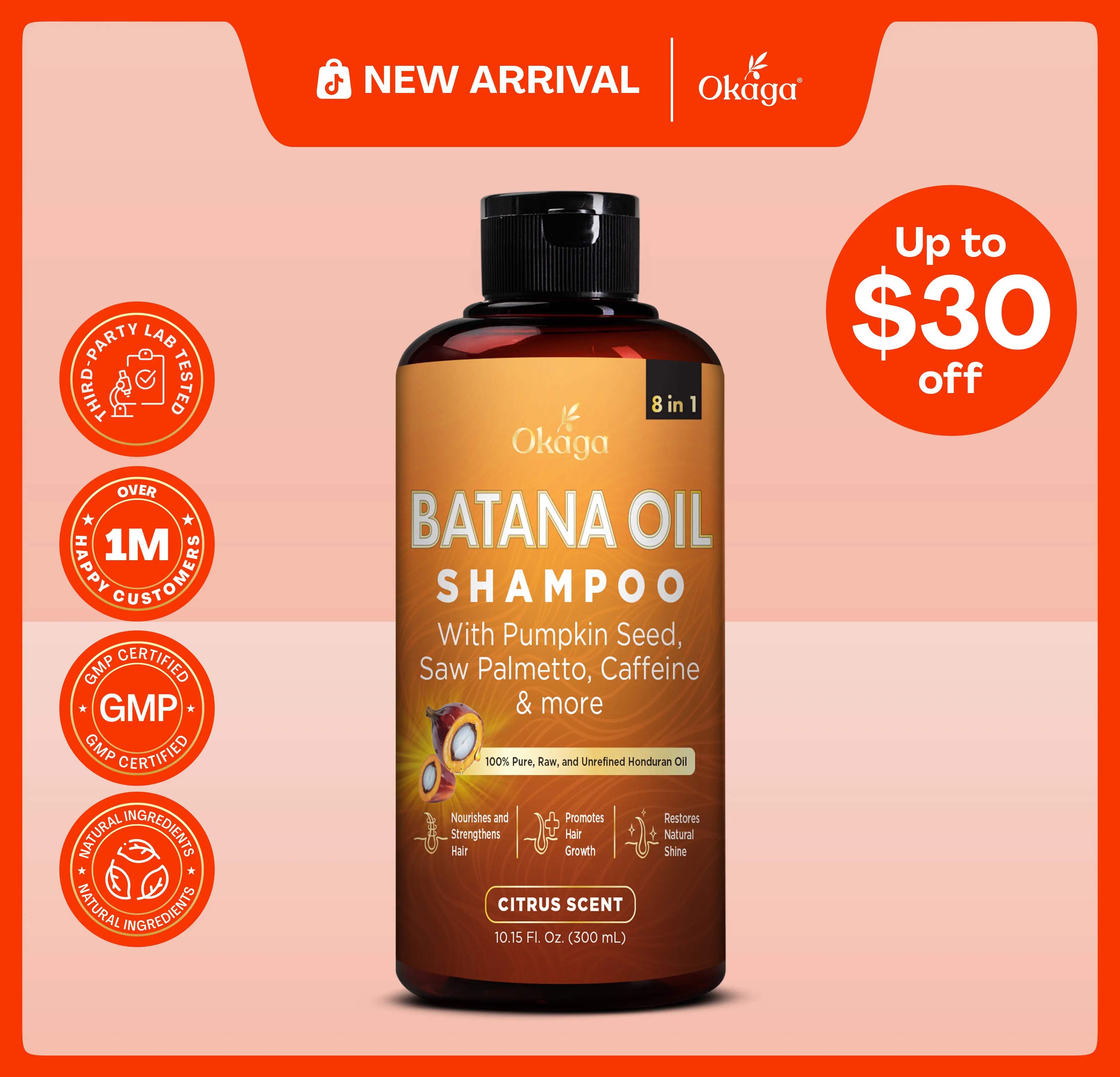Okaga Batana Oil Shampoo - Support Hair Growth, Strengthening, & Cleansing - 8 in 1 Formula of Natural & Organic Ingredients for Healthy Hair - (300 mL)