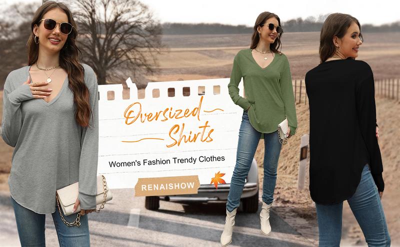 Renaishow Womens Deep V Neck Tunic Tops Long Sleeve Oversized Casual Loose Fit Curved Hem T Shirts with Thumb Holes Blouses Light Breathable Solid