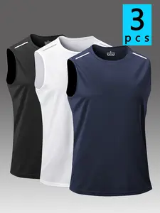 Men’s three-piece athletic set featuring a sleeveless breathable quick-dry T-shirt, suitable for summer workouts, running, and training; crewneck sleeveless T-shirt top