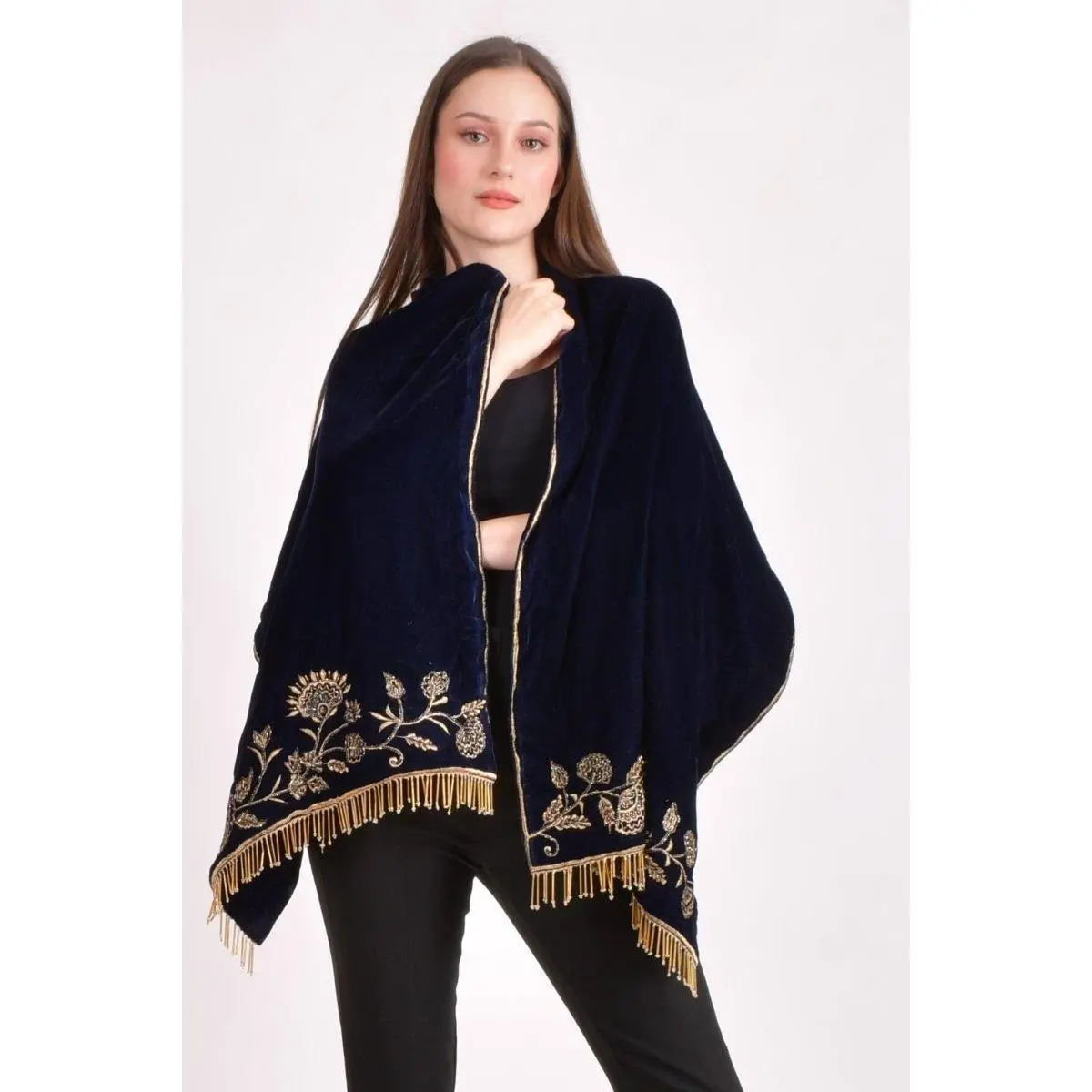 Blue Hand Embroidered Velvet Scarf