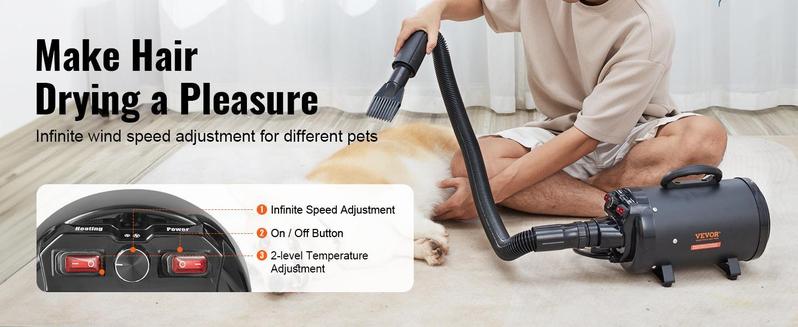 VEVOR Dog Dryer, 2000W/2.7HP Dog Blow Dryer, Pet Grooming Dryer with Adjustable Speed and Temperature Control, Pet Hair Dryer with 4 Nozzles and Extendable Hose, Black VEVOR Dog Dryer, 2000W/2.7HP Dog Blow Dryer, Pet Grooming Dryer with Adjustable Speed and Temperature Control, Pet Hair Dryer with 4 Nozzles and Extendable Hose, Black