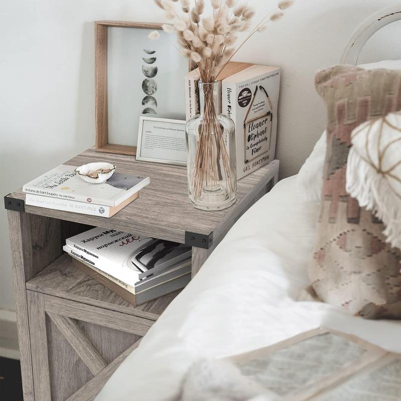 HOMBCK Farmhouse Nightstand, End Table, End Tables with Barn Door and Shelf, Modern Bed Side Table Rustic Nightstands Set for Bedroom, Living Room