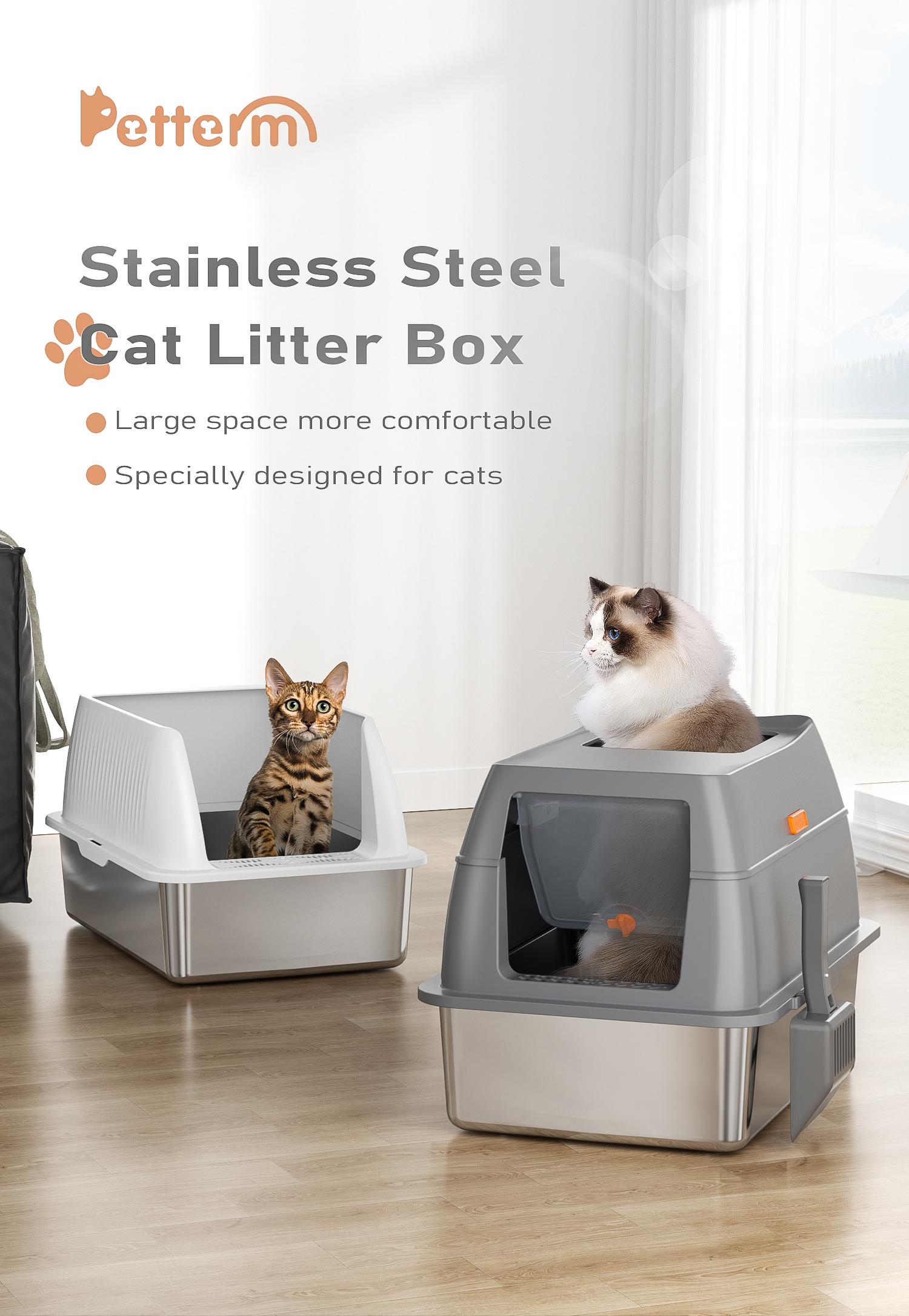Petterm Stainless Steel Cat Litter Box with Scoop & Mat, Large Semi or Fully Enclosed Design, High-Side Enclosure, Non-Sticky, Anti-Leak, High-Walled