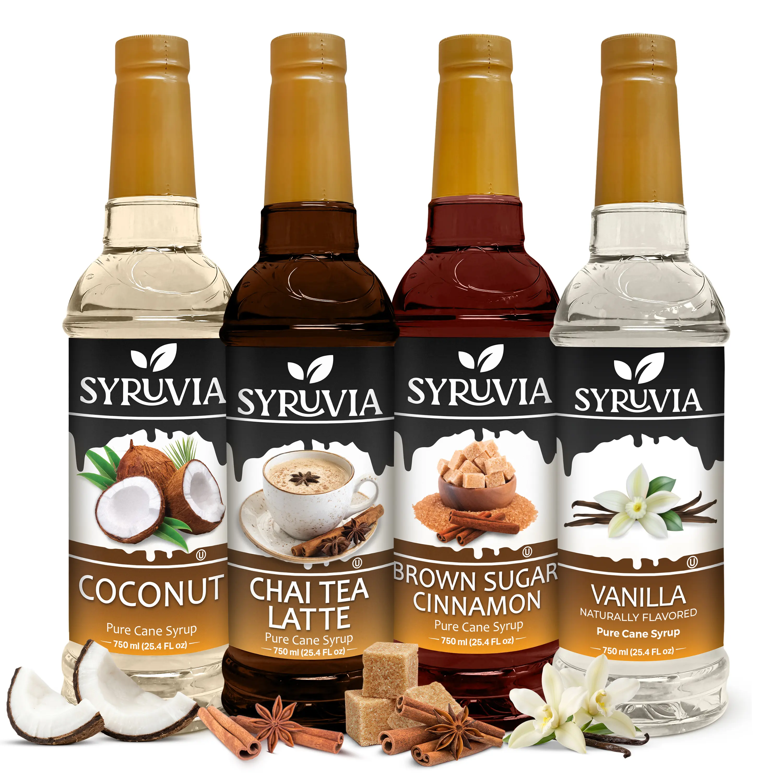 Syruvia Premium Gluten-Free Cane Sugar Coffee Flavor Syrups Variety Pack - Coconut, Chai Tea Latte, Brown Sugar Cinnamon, Vanilla - Plastic Bottles for Coffee, Lattes, Parties, Home Use - 25.4 Fl oz (4 Pack)