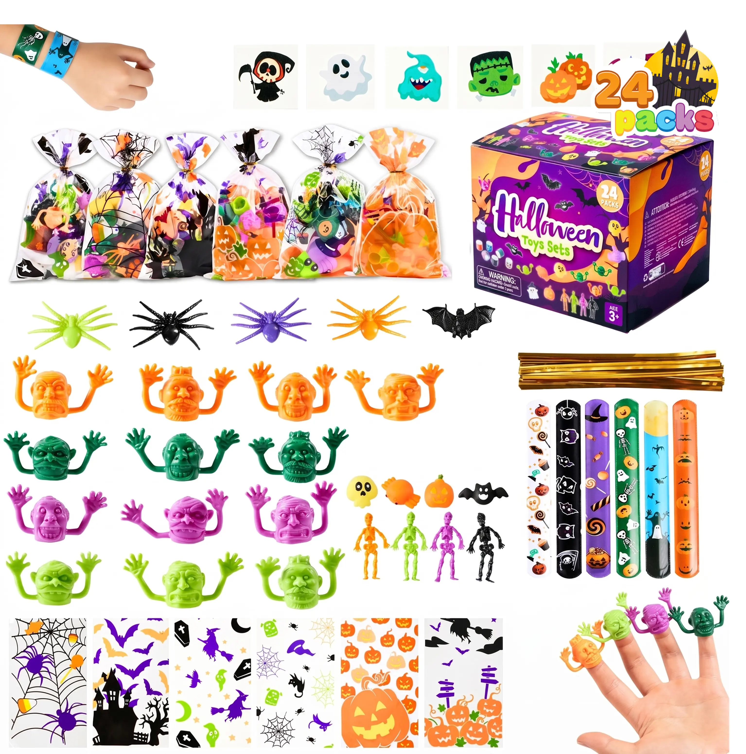 JOYIN 216 PCS 24 Pack Halloween Toy Set for Kid Classroom Party Favor Prize, Trick or Treat Bag Including Ghost Finger Toy, Spider, Stretchy Skeleton, Mochi, Slap Bracelet, Mini Bat, Temporary Tattoo