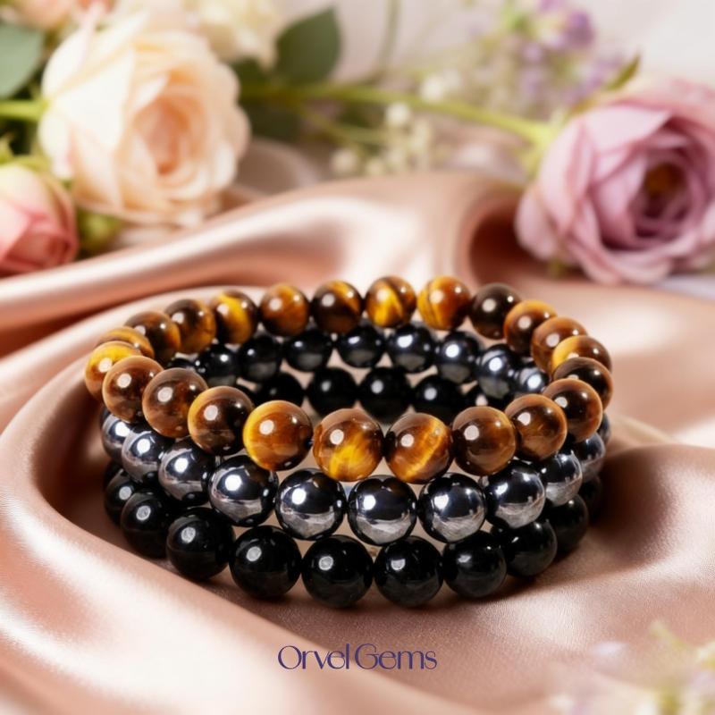 Triple Protection Bracelet Set – 8mm Tiger’s Eye, Obsidian, Amethyst, Apatite, Rose Quartz & Hematite | Unisex Healing Gift Crystal Jewelry Emotional Balance