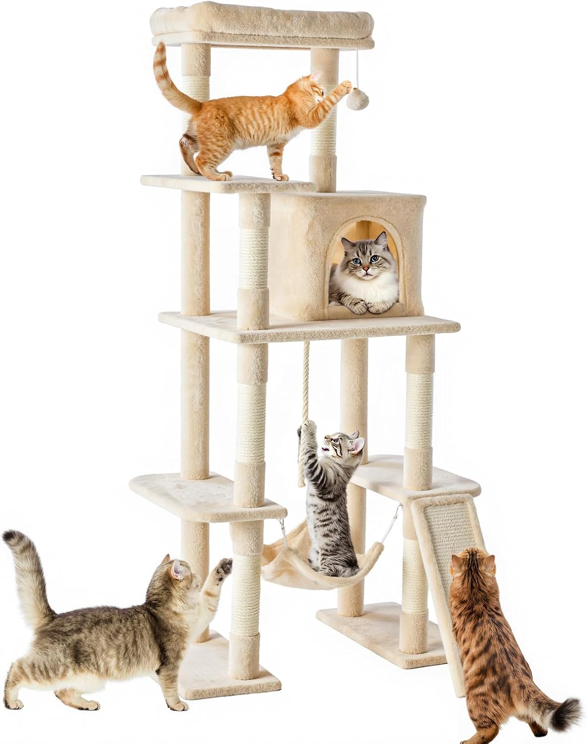 63 Inch Cat Climbing Tower, Multi-Level Cat Tree with Condo, Hammock, Extended Platform & Natural Sisal Scratching Posts, Indoor Play House for Cats and Kittens