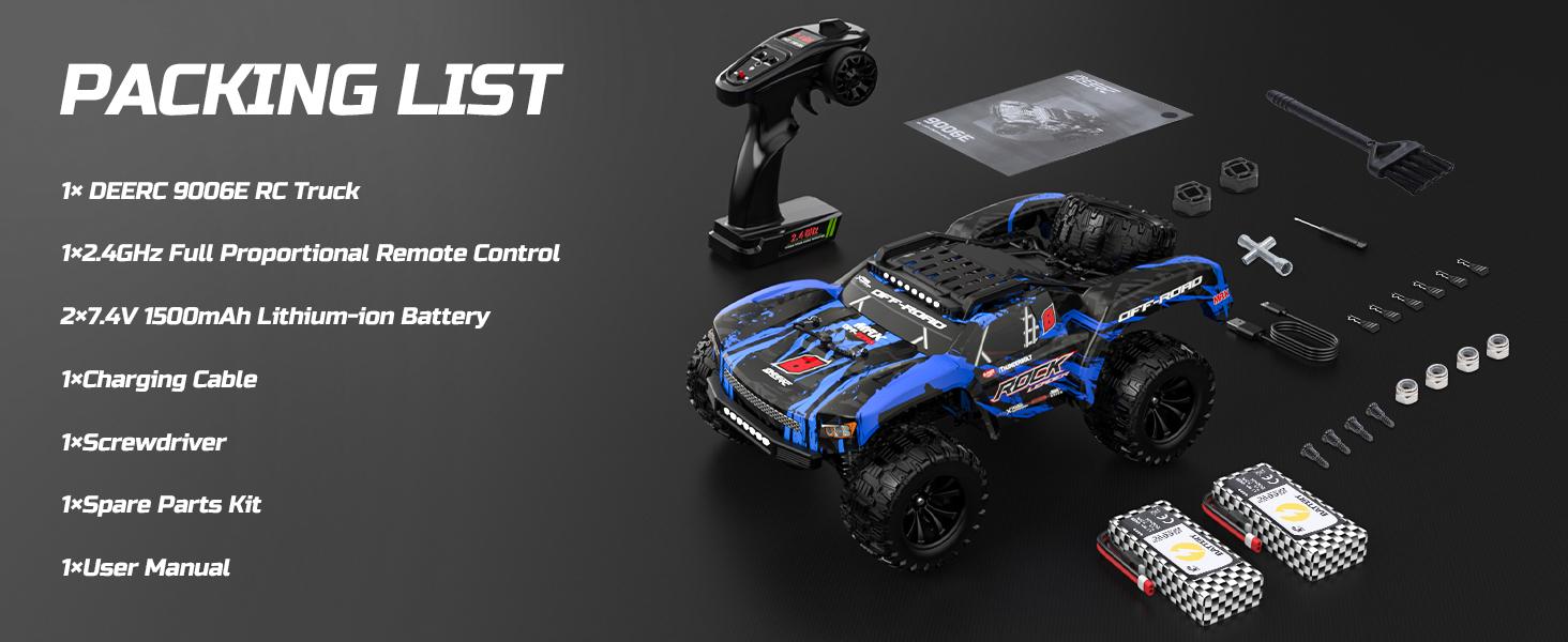 DEERC 1/12 RC Cars 45KPH, 4WD High Speed Short Course RC Truck, Off-Road All Terrain Remote Control Car with 2 Rechargeable Batteries & Spare Tire