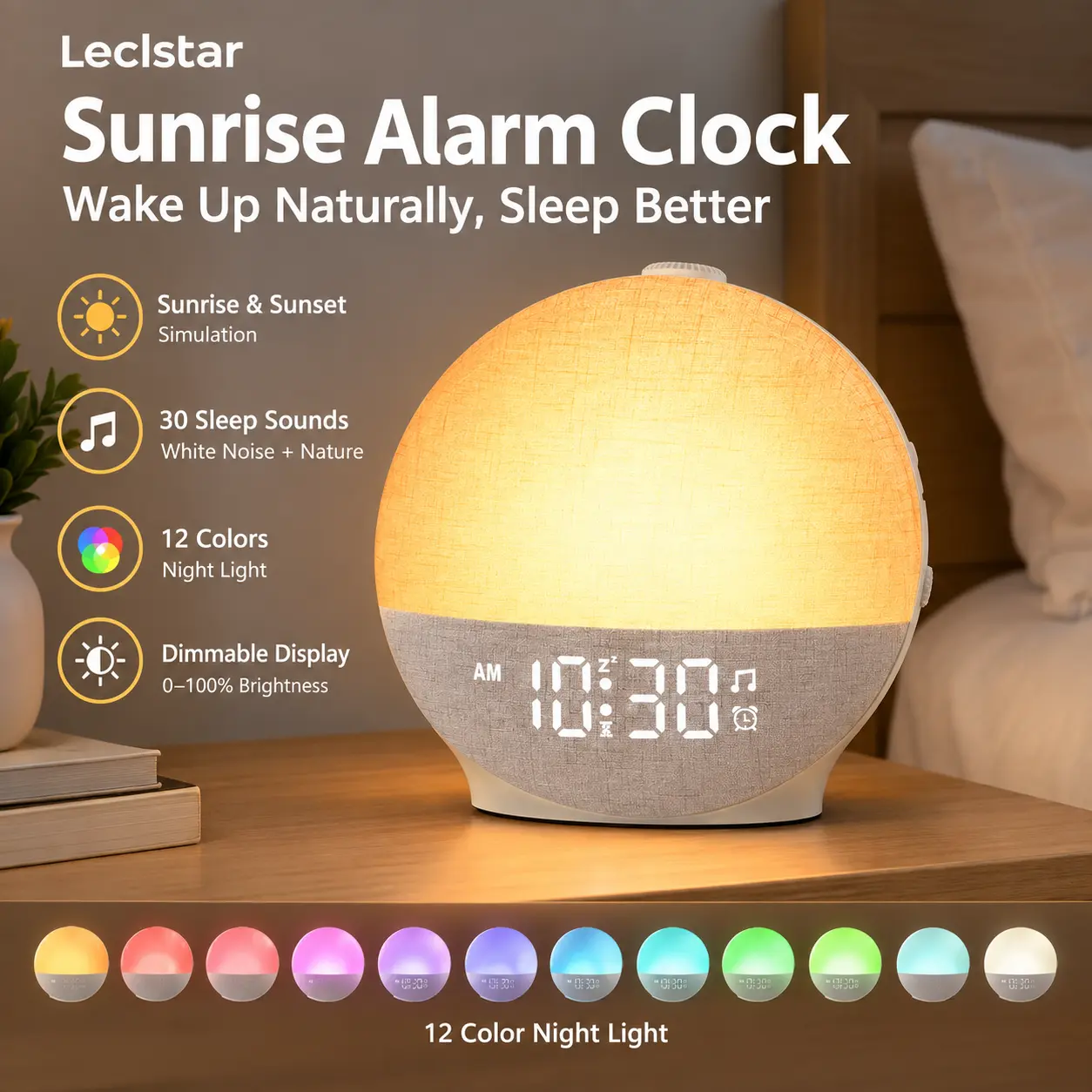 Leclstar Upgraded Sunrise Alarm Clock for Deep Sleepers, Smart Wake Up Light, Sunrise & Sunset Simulation, Dimmable LED Night Light with 12 Colors, Natural Wake Up Light, 30 Sleep Sounds, Bedroom Decor for Adults & Kids, Home & Room Accessories